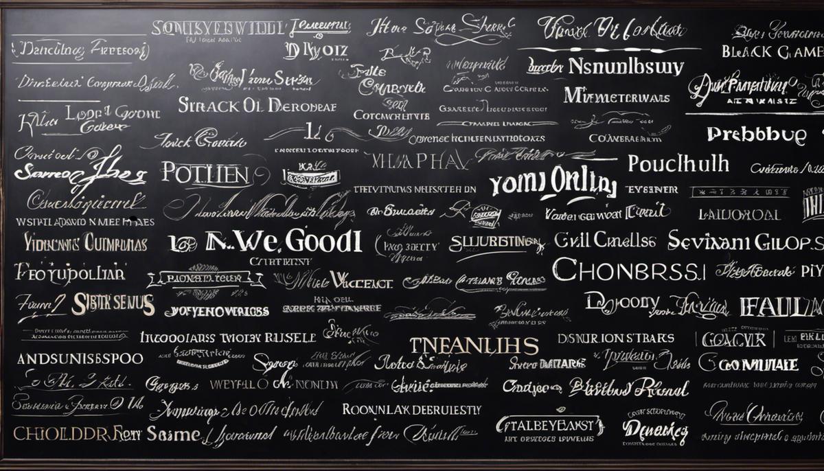 A picture of multiple company names written on a blackboard with dashes instead of spaces, symbolizing the importance of choosing a good name