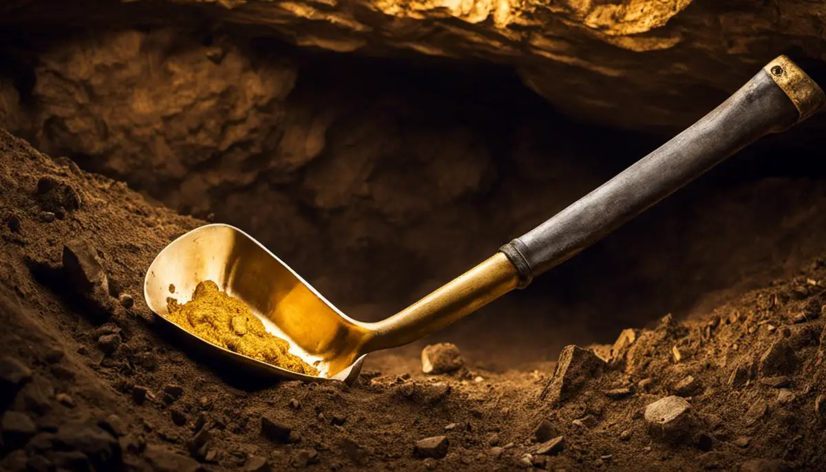 Image depicting a shovel unearthed gold in a mine shaft.